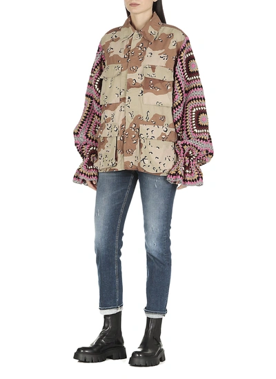 Tu Lizé Beige Camouflage Jacket With Crochet Sleeves In Red