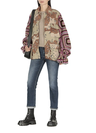 Tu Lizé Beige Camouflage Jacket With Crochet Sleeves In Red