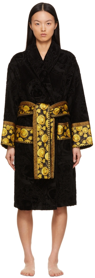 Versace I Love Baroque Logo-jacquard Cotton Bathrobe In Black | ModeSens