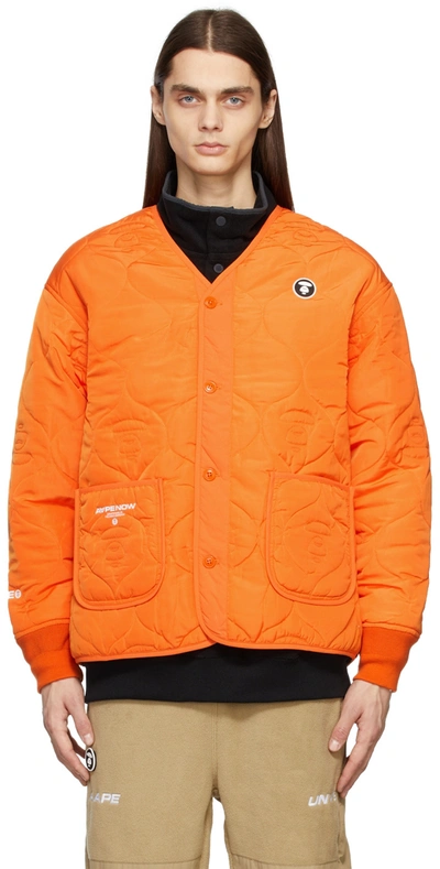 Shop Aape By A Bathing Ape Orange Quilted Logo Jacket In Orangeorx