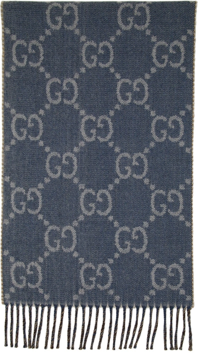 Shop Gucci Navy & Brown Double G Scarf In 4165 Navy/light Brow