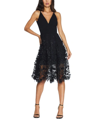 Shop Dress The Population Darleen Deep-v Floral-applique Dress In Black