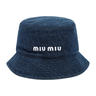 Shop Miu Miu Logo Embroidered Denim Bucket Hat In Blue