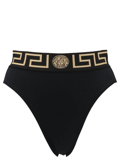Shop Versace Greca Waistband High Leg Swim Briefs In Black