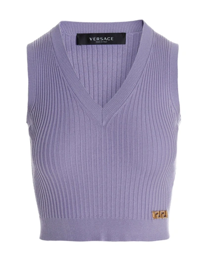 Shop Versace Logo Plaque Ribbed Knit Vest In Purple