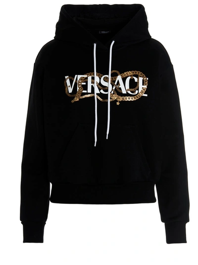 Shop Versace Logo Print Drawstring Hoodie In Black