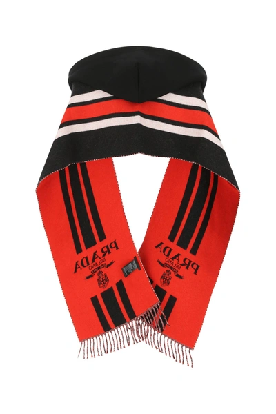 Prada Black Embroidered Wool Scarf