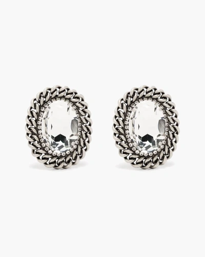 Shop Alessandra Rich Crystal And Chain Oval Earrings In 0028 Cry Old Silver