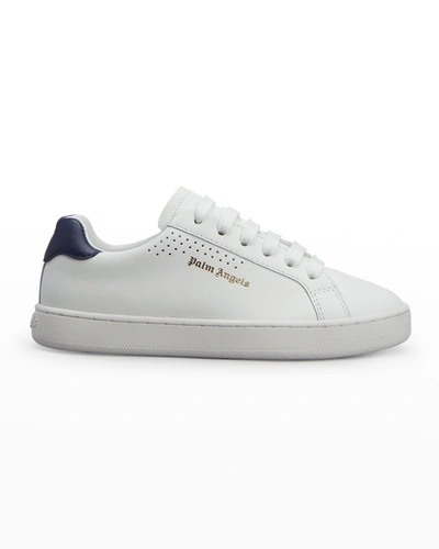Shop Palm Angels Kid's Logo Leather Low-top Sneakers, Toddler/kids In White Navy Blue