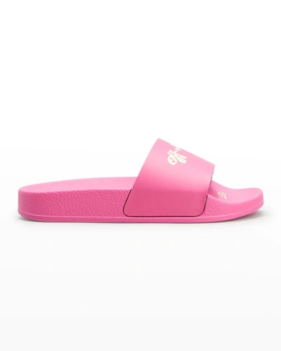 Shop Off-white Girl's Logo Script Pool Slide Sandals, Toddler/kids In Fuschiayellow