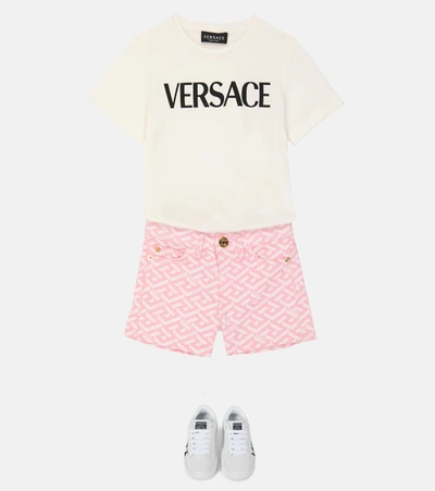 Shop Versace La Greca Print Cotton Denim Shorts In Candy+bianco