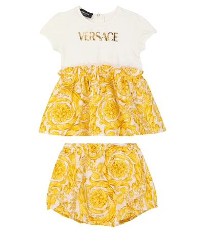 Shop Versace Baby Barocco Dress And Bloomers Set In Bianco+oro