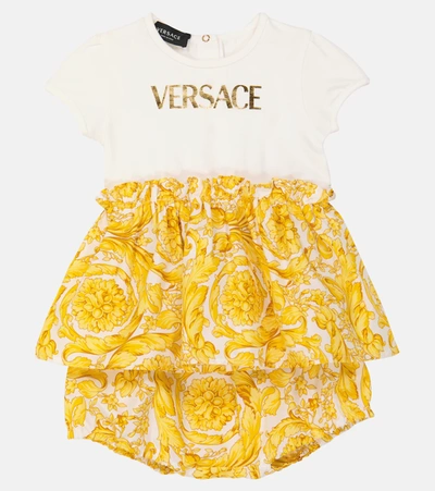 Shop Versace Baby Barocco Dress And Bloomers Set In Bianco+oro