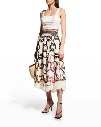 Shop Le Sirenuse Livia Snake Embroidered Linen Midi Skirt In Ivory