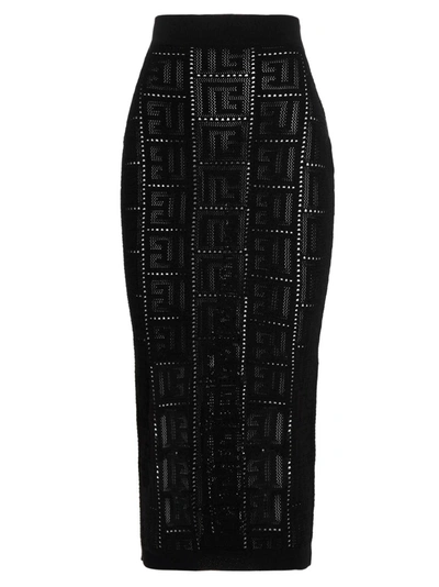 Shop Balmain Perforated Monogram Midi Skirt In Black