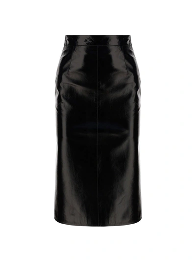 Shop Prada Leather Midi Skirt In Black