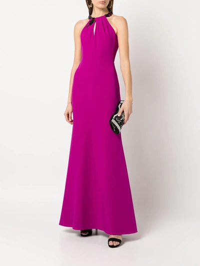 Shop Marchesa Notte Keyhole Neck Halter Gown In Purple