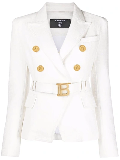 Shop Balmain Six-button Belted Monogram Denim Jacket In White