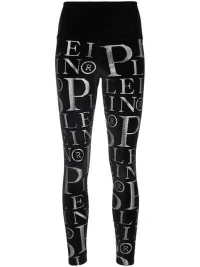 Shop Philipp Plein Velvet Logo-print High-waisted Leggings In Black