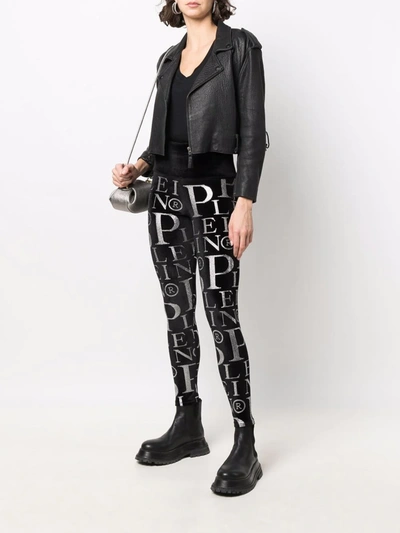 Shop Philipp Plein Velvet Logo-print High-waisted Leggings In Black