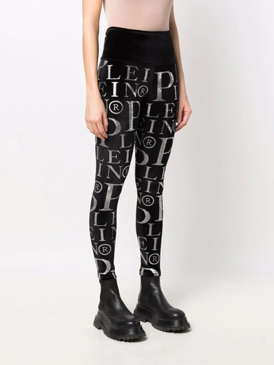 Shop Philipp Plein Velvet Logo-print High-waisted Leggings In Black