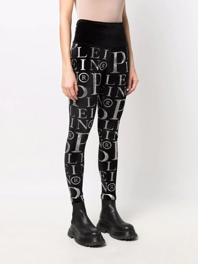 Philipp Plein Velvet Logo-print High-waisted Leggings In Black