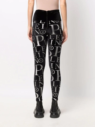 Shop Philipp Plein Velvet Logo-print High-waisted Leggings In Black