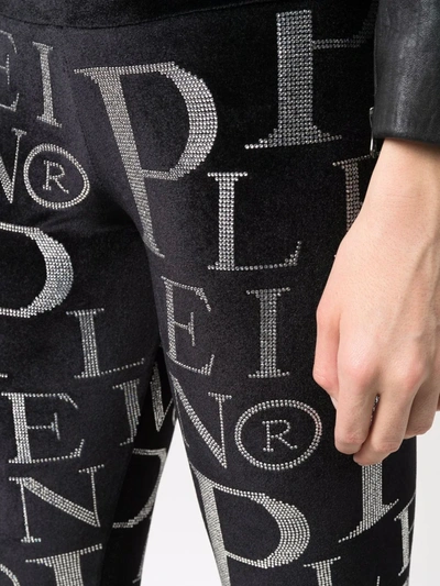 Shop Philipp Plein Velvet Logo-print High-waisted Leggings In Black