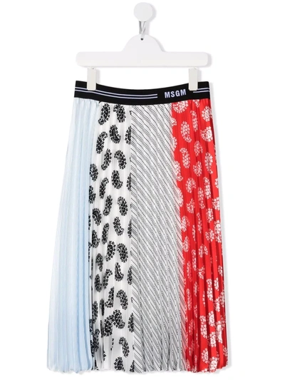 Shop Msgm Teen Patchwork Pleated Midi Skirt In Blue