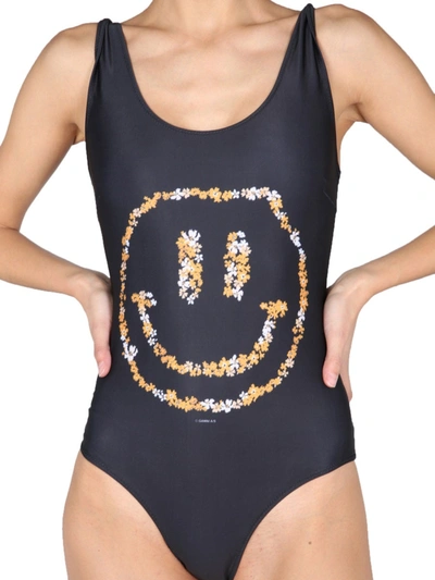 Shop Ganni "smiley" One Piece Swimsuit In Black
