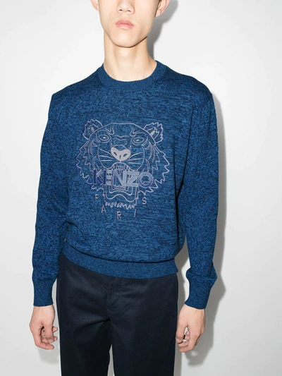 Shop Kenzo Tiger-embroidered Crew-neck Jumper In Blau