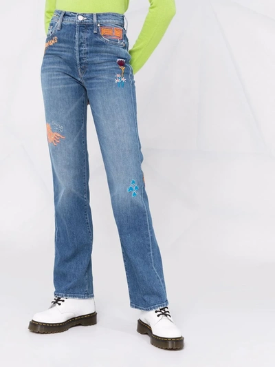 Shop Mother Embroidered Straight-leg Jeans In Blau