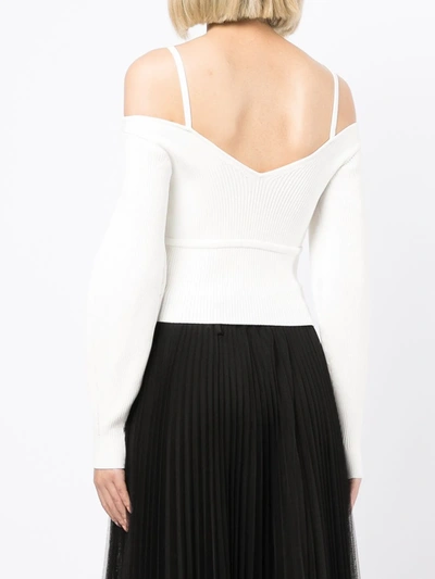 Shop Self-portrait Off-shoulder Ribbed Knit Jumper In Weiss