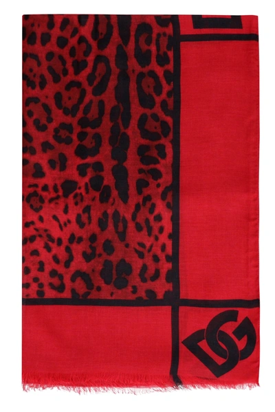 Shop Dolce & Gabbana Leopard Printed Fringed Edge Scarf In Red