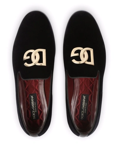 Dolce & Gabbana Black Velvet Cotton Logo Loafers Dress Shoes In Schwarz