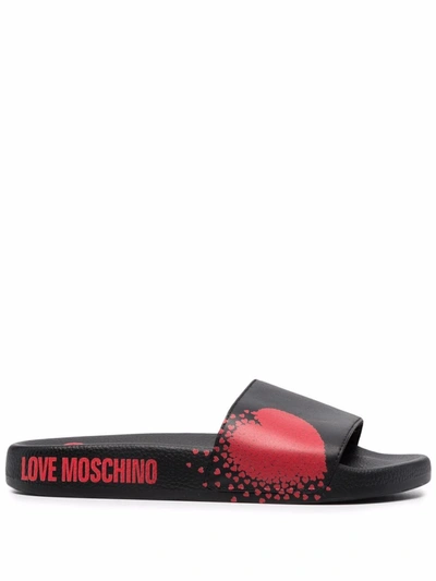 Shop Love Moschino Heart Logo-print Slides In Schwarz