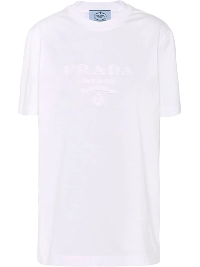 Prada Embroidered Logo Jersey T-shirt In Weiss | ModeSens