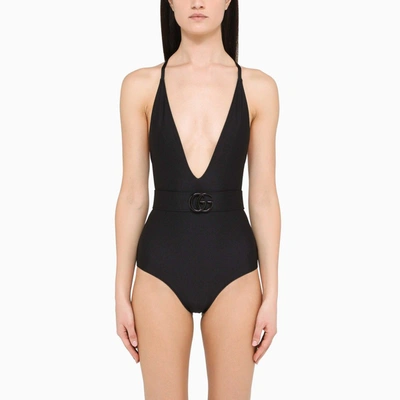 Shop Gucci Black One-piece Swimsuit With Gg Belt