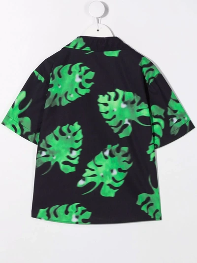 Msgm Leaf-print Cuban Shirt In Blue