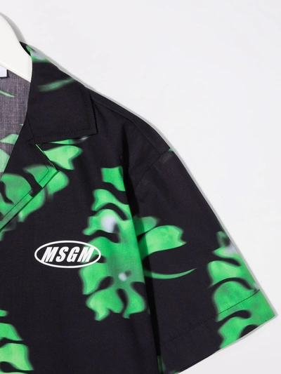 Msgm Leaf-print Cuban Shirt In Blue