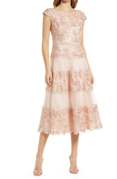 Shop Tadashi Shoji Embroidered Off The Shoulder Midi Dress In Antique Pink