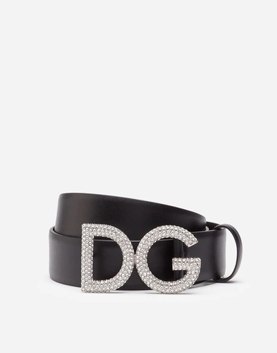 Shop Dolce & Gabbana Calfskin Belt With Rhinestone Logo Buckle In Black/white