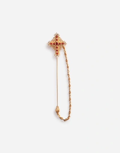 Shop Dolce & Gabbana Metal Brooch With Cross And Rhinestones In Red