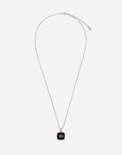 Shop Dolce & Gabbana Necklace With Enameled Dg Logo Pendant In Silver