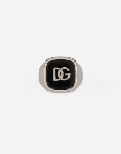 Shop Dolce & Gabbana Ring With Enameled Accent And Dg Logo In Silver