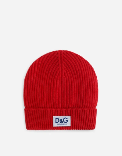 Shop Dolce & Gabbana Knit Cashmere Hat With D&g Patch In Red