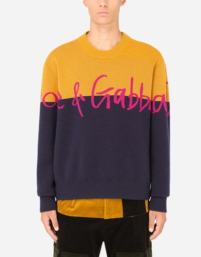 Shop Dolce & Gabbana Wool Jacquard Round-neck Sweater With Logo In Multicolor