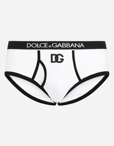Shop Dolce & Gabbana Fine-rib Cotton Brando Briefs With Dg Patch In White/black