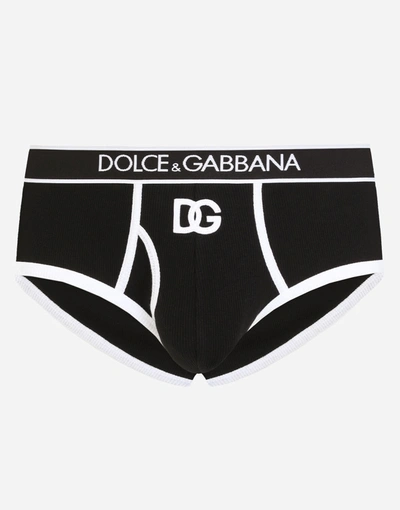 Shop Dolce & Gabbana Fine-rib Cotton Brando Briefs With Dg Patch In Black/white
