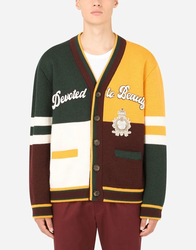 Shop Dolce & Gabbana Wool Patchwork Cardigan With Patch Embellishment In Multicolor